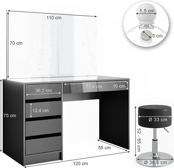 Toaletní stolek Vicco Sherry Antracit 120 cm s osvětlením LED a stoličkou, Model 36887