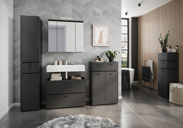 Antracitová koupelnová skříňka se zrcadlem a osvětlením 76x74 cm Modesto – Germania