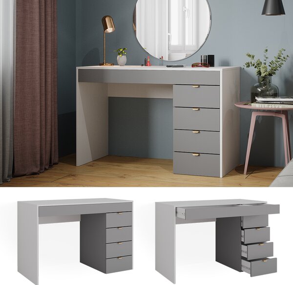 Toaletní stolek Vicco Elise Bílá/šedá/šedá 115 cm s 5 zásuvkami, Model 41312