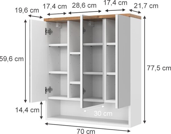 Koupelnová zrcadlová skříňka Vicco Eden Bílá vysoký lesk 70 x 77.5 cm se 3 dveřmi, Model 40085