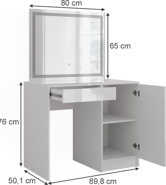 Toaletní stolek Vicco Sherry Bílá/bílý vysoký lesk 89.8 cm s LED zrcadlem, Model 57706