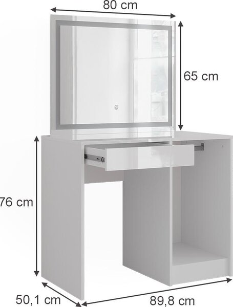 Toaletní stolek Vicco Sherry Bílá/bílý vysoký lesk 89.8 cm s LED zrcadlem, Model 57690