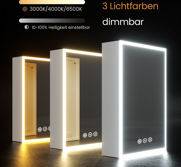 Zrcadlová skříňka EMKE s osvětlením 145 x 500 x 700 mm Zrcadlová skříňka LED s ochranou proti zamlžení a zásuvkou, stmívatelná ve 3 barvách - 1-dveřová koupelnová skříňka