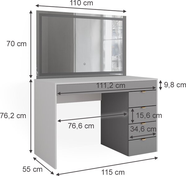 Toaletní stolek Vicco Elise Bílá/šedá/šedá 115 cm s LED zrcadlem, Model 41345