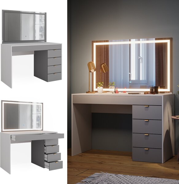 Toaletní stolek Vicco Elise Bílá/šedá/šedá 115 cm s LED zrcadlem, Model 41345