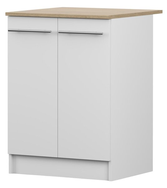 Spodní skříňka INEZ IV, kuchyň, dvoudveřová kuchyňská skříňka 60 cm, bílá/kamenný dub, se dvěma otočnými dvířky a stříbrnými kovovými úchytkami