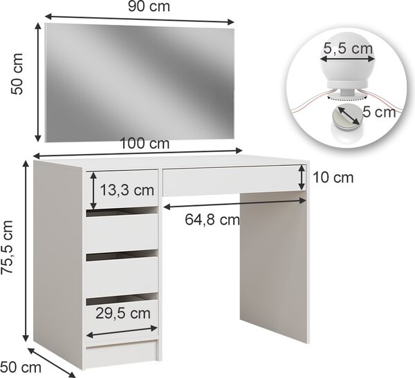 Toaletní stolek Vicco Thalia Bílá 100 cm s osvětlením LED, Model 41531