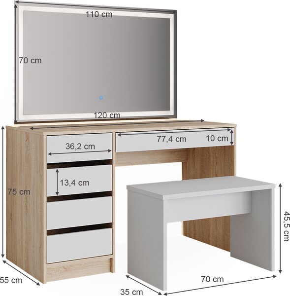 Toaletní stolek Vicco Sherry Bílá/Sonoma 120 cm se zrcadlem LED a stoličkou, Model 36906