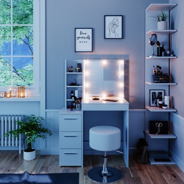 Toaletní stolek Vicco Meryl Bílá 80 cm s LED osvětlením a taburetem, Model 36205