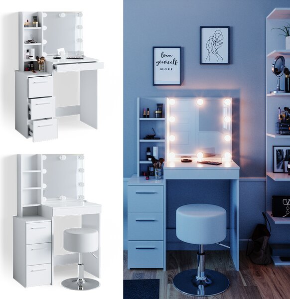Toaletní stolek Vicco Meryl Bílá 80 cm s LED osvětlením a taburetem, Model 36205