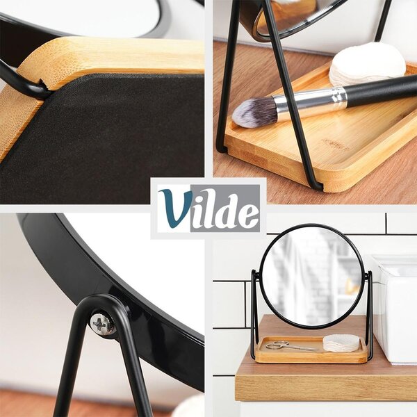 Vilde | Kosmetické zrcátko - Oboustranné - 18,5x10,5x20 cm - Černá/bambus - Moderní design - S poličkou