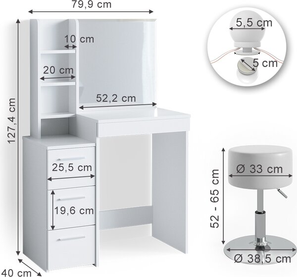Toaletní stolek Vicco Meryl Bílá 80 cm s LED osvětlením a taburetem, Model 36205