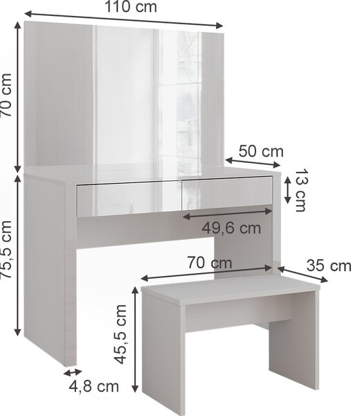 Toaletní stolek Vicco Annabelle Bílá vysoký lesk/bílá 110 cm se zrcadlem a lavicí, Model 55018