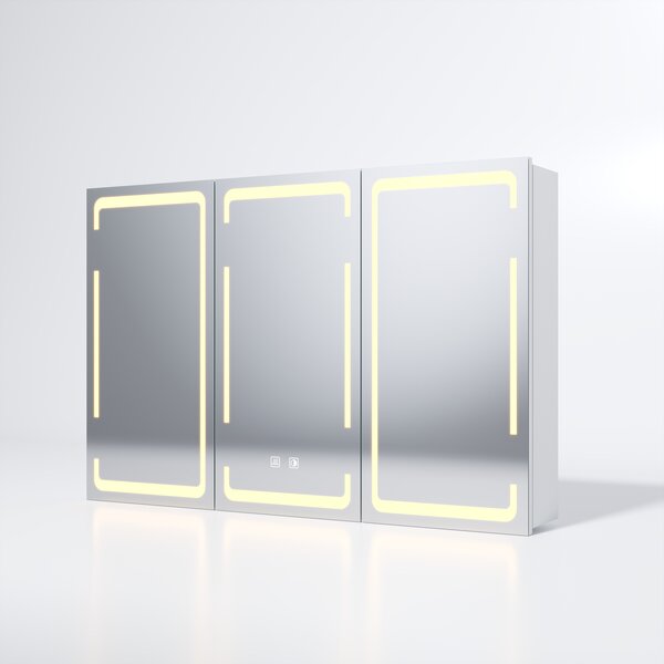 Třídveřová zrcadlová skříňka SONNI z kovu, 900x600x140mm, s tříbarevným nastavitelným LED osvětlením, dvojité dotykové spínače, nastavitelné skleněné přepážky