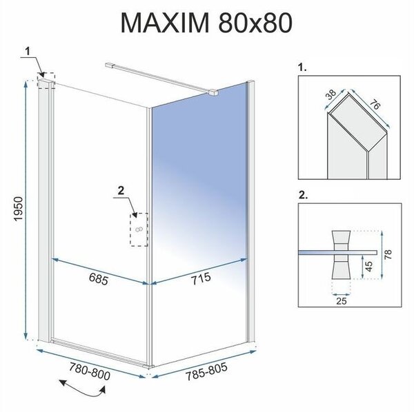 Rea Maxim, čtvercový sprchový kout s 1-křídlými dveřmi 90 (dveře) x 90 (stěna) cm, pravá verze, 6mm čiré sklo, chromový profil, REA-K0267