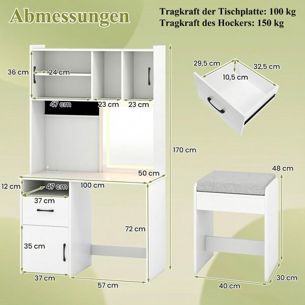 Toaletní stolek COSTWAY se zrcadlem LED a stoličkou, toaletní stolek se zásuvkami, 3 dvířky, zásuvkou a úložným prostorem na šperky, kosmetický stolek 100x50x170 cm