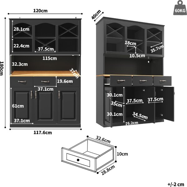 Kuchyňská skříňka Sweiko (120 × 40 × 180 cm), vysoký kuchyňský bufet, víceúčelový bufet, skříňka na občerstvení, úložný prostor se třemi dvířky, třemi zásuvkami a LED osvětlením, černá barva