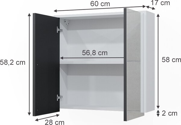 Koupelnová zrcadlová skříňka Vicco Maltin Bílá/antracitová 60 x 58 cm se dvěma zrcadlovými dveřmi, Model 41483