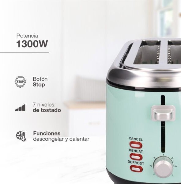 Retro topinkovač na 4 toasty Sindae XL 1300W funkce přihřátí a rozmrazení mint 3 roky zár