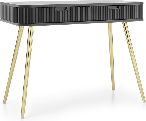 Kosmetický stolek s černými nohami s zlatými detaily, stojací nábytek, 2 zásuvky, moderní design