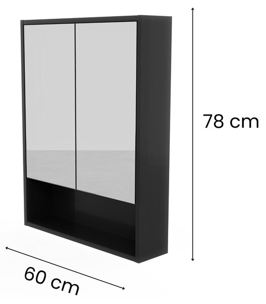 Koupelnová zrcadlová skříňka 60 x 78 cm černá, skleněné police, bezúchytková dvířka, moderní nástěnný design