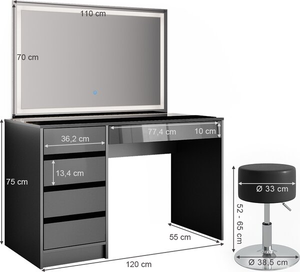 Toaletní stolek Vicco Sherry Antracit 120 cm se zrcadlem LED a stoličkou, Model 36840