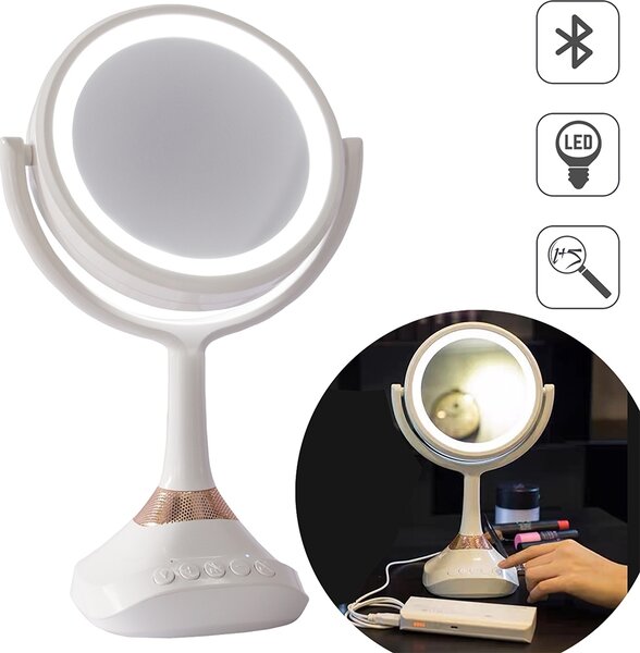 Koupelnové zrcadlo Melko kosmetické 1 a 5násobné zvětšení LED Bluetooth reproduktor