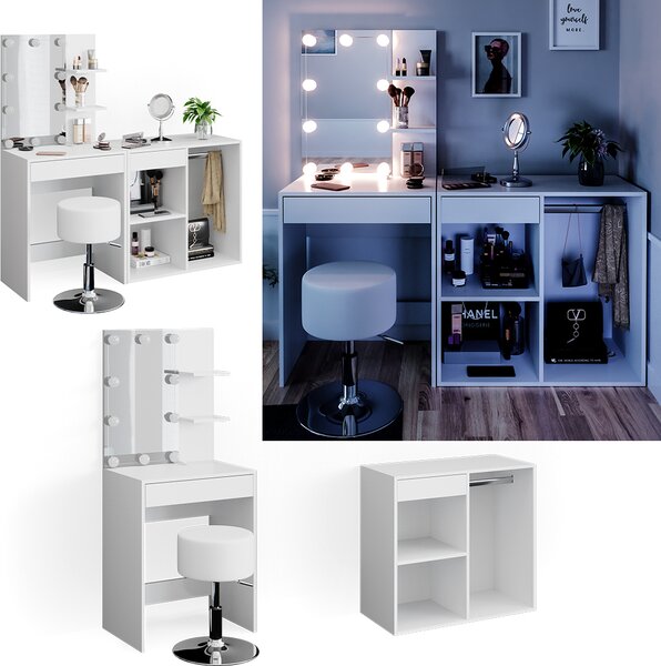 Toaletní stolek Vicco Isabelle Bílá 140 cm s LED, stoličkou a skříňkou, Model 34451