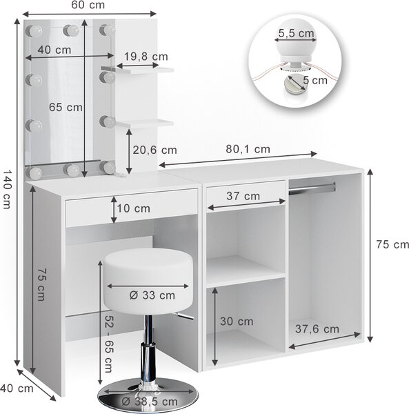 Toaletní stolek Vicco Isabelle Bílá 140 cm s LED, stoličkou a skříňkou, Model 34451