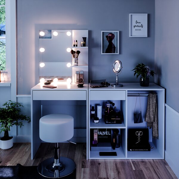 Toaletní stolek Vicco Isabelle Bílá 140 cm s LED, stoličkou a skříňkou, Model 34451