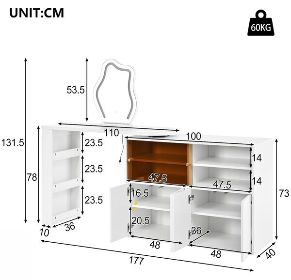 Kosmetický stolek s zrcadlem, zrcadlo s LED osvětlením, toaletní stolek s otočnou deskou, komoda na make-up s LED osvětlením, rozměry 177x40x131,5 cm, barva: bílá