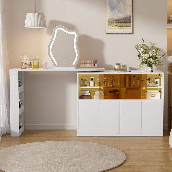 Kosmetický stolek s zrcadlem, zrcadlo s LED osvětlením, toaletní stolek s otočnou deskou, komoda na make-up s LED osvětlením, rozměry 177x40x131,5 cm, barva: bílá