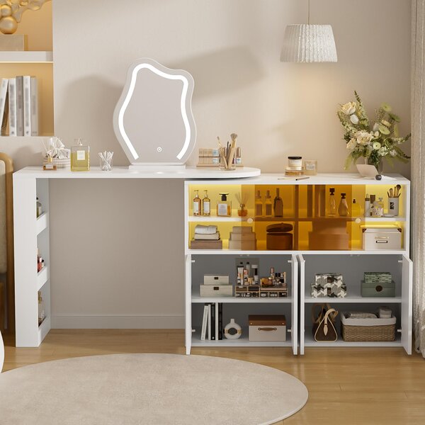 Kosmetický stolek s zrcadlem, zrcadlo s LED osvětlením, toaletní stolek s otočnou deskou, komoda na make-up s LED osvětlením, rozměry 177x40x131,5 cm, barva: bílá