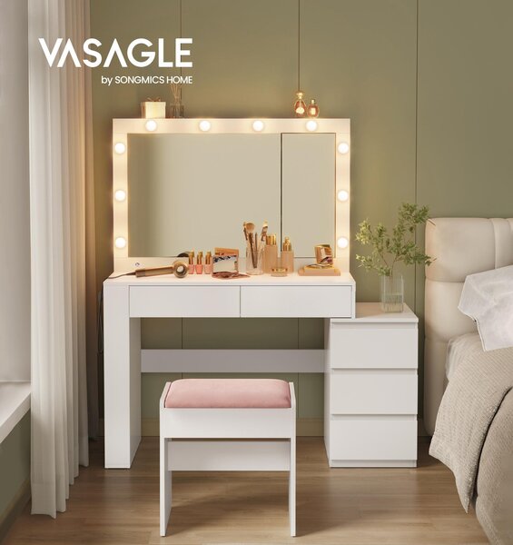 Toaletní stolek VASAGLE Toaletní stolek se zásuvkami, skříňka na šperky, napájecí lišta, osvětlení LED