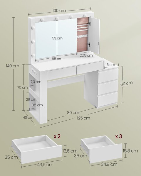 Toaletní stolek VASAGLE Toaletní stolek se zásuvkami, skříňka na šperky, napájecí lišta, osvětlení LED