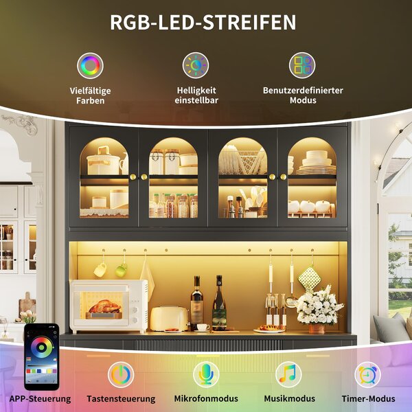 Skříňka do kuchyně Flieks s RGB LED osvětlením, ovládáním přes aplikaci, kuchyňské skříňky se zásuvkami a výsuvnými policemi po obou stranách, komoda 120x40x187 cm, černá barva