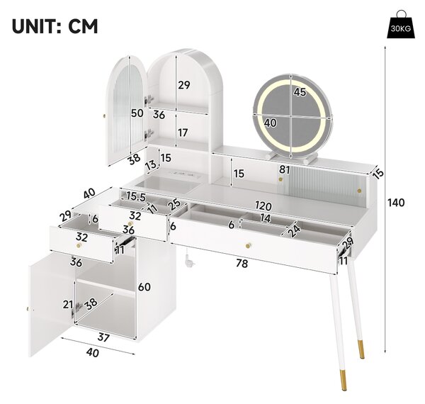 Toaletní stolek Flieks s LED zrcadlem, komoda na make-up s úložným prostorem, komoda s policí a skleněnou deskou, rozměry 140x40x140 cm, bílá barva