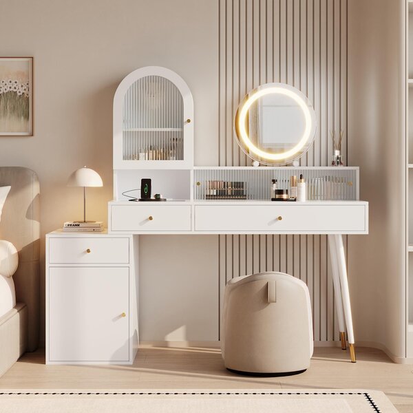 Toaletní stolek Flieks s LED zrcadlem, komoda na make-up s úložným prostorem, komoda s policí a skleněnou deskou, rozměry 140x40x140 cm, bílá barva