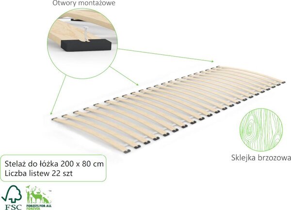 Postelový rošt 200x80 cm 22 lamel březový rám nosnost 200 kg