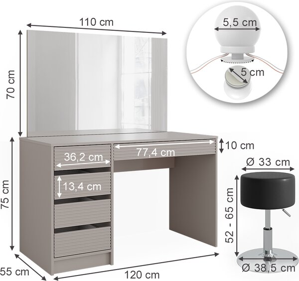 Toaletní stolek Vicco Sherry Kašmír 120 cm se zrcadlem, stoličkou a LED osvětlením, Model 51675