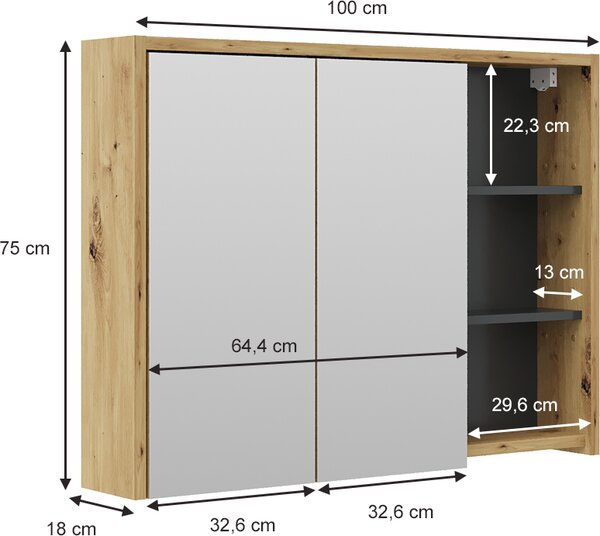 Koupelnová zrcadlová skříňka Vicco Viola Dub/antracit 100 x 75 cm, Model 33903