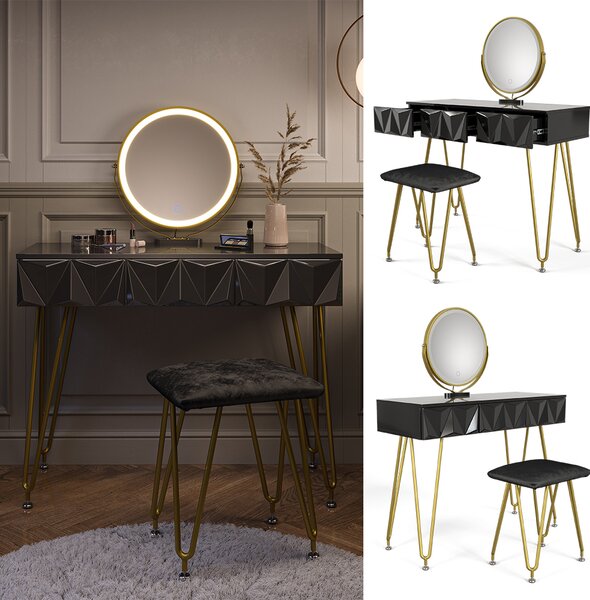 Toaletní stolek Vicco Ruby Černá 100 cm s LED zrcadlem a taburetem, Model 40224