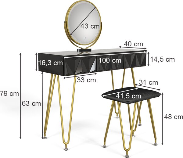 Toaletní stolek Vicco Ruby Černá 100 cm s LED zrcadlem a taburetem, Model 40224