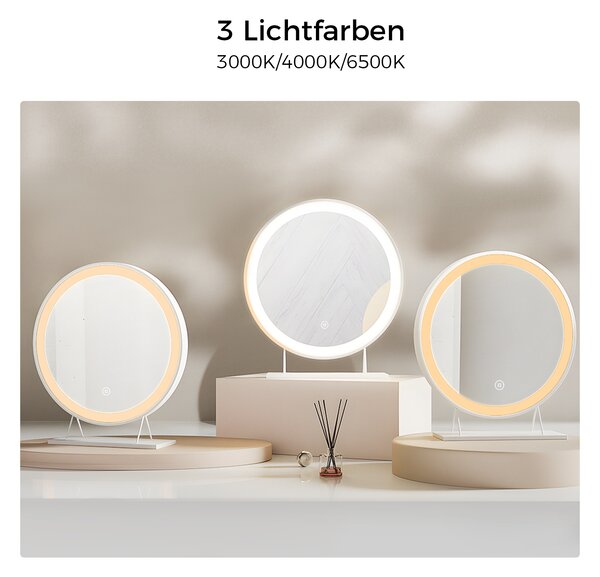 Zrcátko na líčení Heilmetz Φ48cm Kulaté zrcátko na líčení LED se 3 barvami světla Stolní zrcátko s dotykovým spínačem Bílé