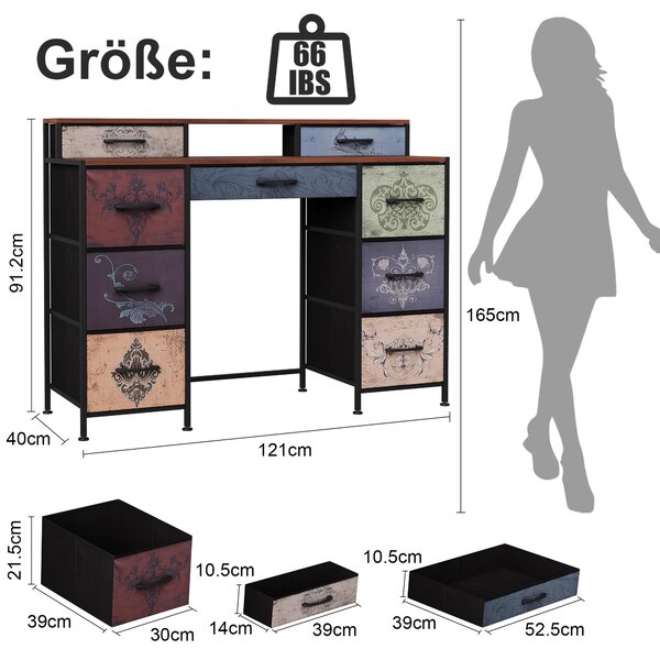 ProximaX, toaletní stolek, šířka 121 cm, s 9 zásuvkami, potahová látka, kovový rám a úložný prostor