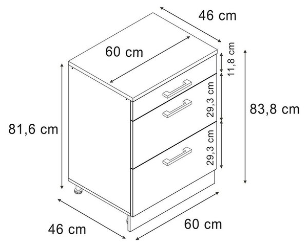 Kuchyňská skříňka pod šikmou střechu Vicco R-Line Černý beton 60 cm bez šikminy se 3 zásuvkami, Model 61702