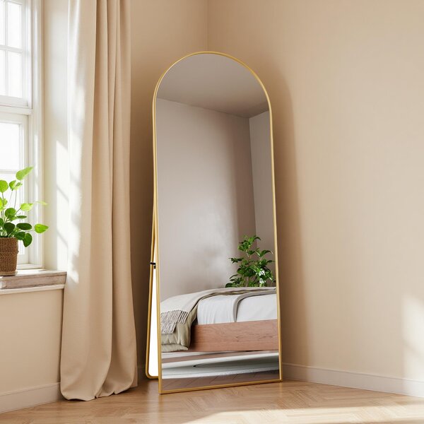 Obloukové kosmetické zrcadlo z tvrzeného skla, zlatý hliníkový rám, 1620x530 mm, elegantní moderní design do ložnice, šatny nebo koupelny