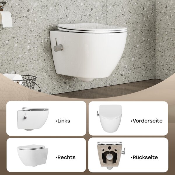 Duschová toaleta s funkcí bidetu, závěsné WC s integrovanou tryskou, toaleta s vodovodní armaturou, toaletní sedátko s automatickým spouštěním, možnost připojení studené/teplé vody, rozměry 53×36×35 cm