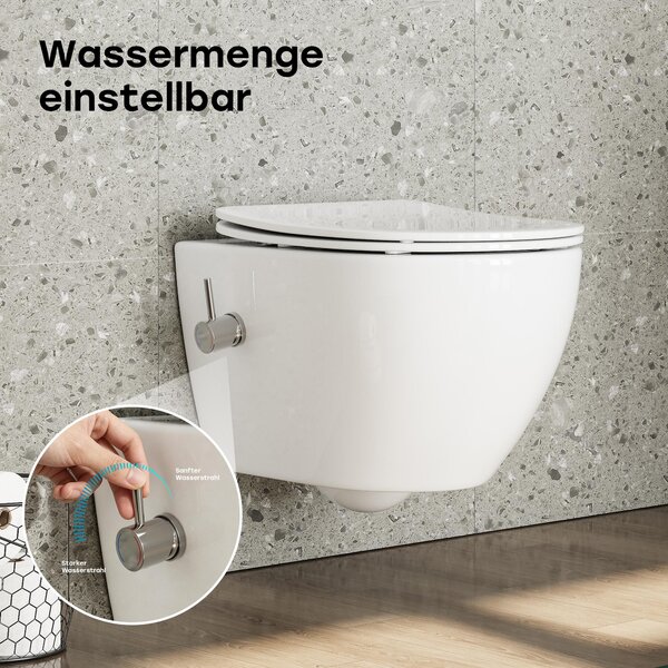 Duschová toaleta s funkcí bidetu, závěsné WC s integrovanou tryskou, toaleta s vodovodní armaturou, toaletní sedátko s automatickým spouštěním, možnost připojení studené/teplé vody, rozměry 53×36×35 cm