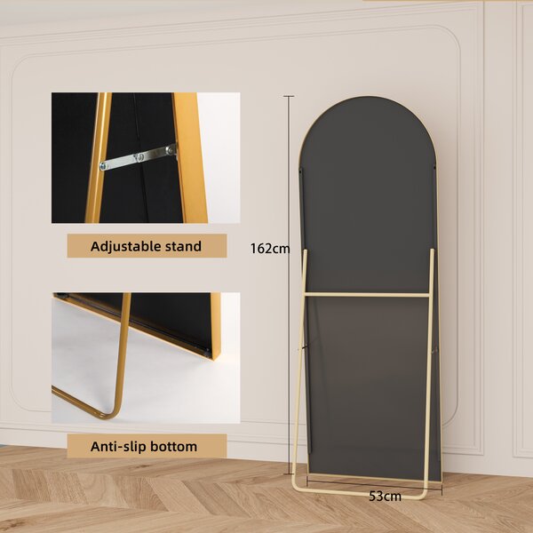 Obloukové kosmetické zrcadlo z tvrzeného skla, zlatý hliníkový rám, 1620x530 mm, elegantní moderní design do ložnice, šatny nebo koupelny
